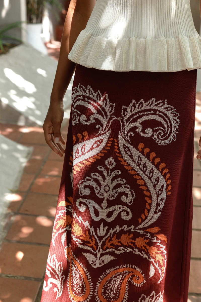 Paisley Vivo Skirt Burgundy/Ivory/Orange