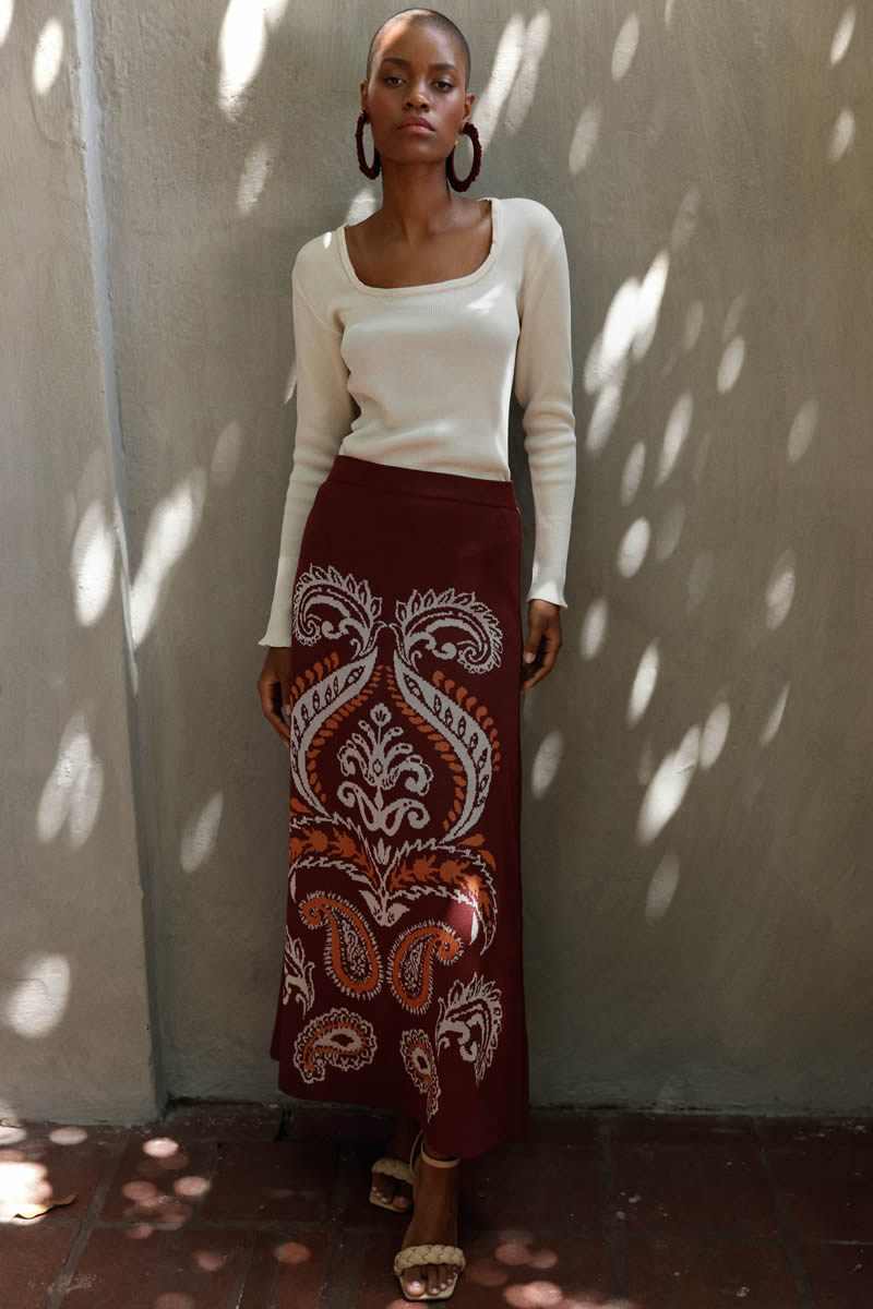 Paisley Vivo Skirt Burgundy/Ivory/Orange
