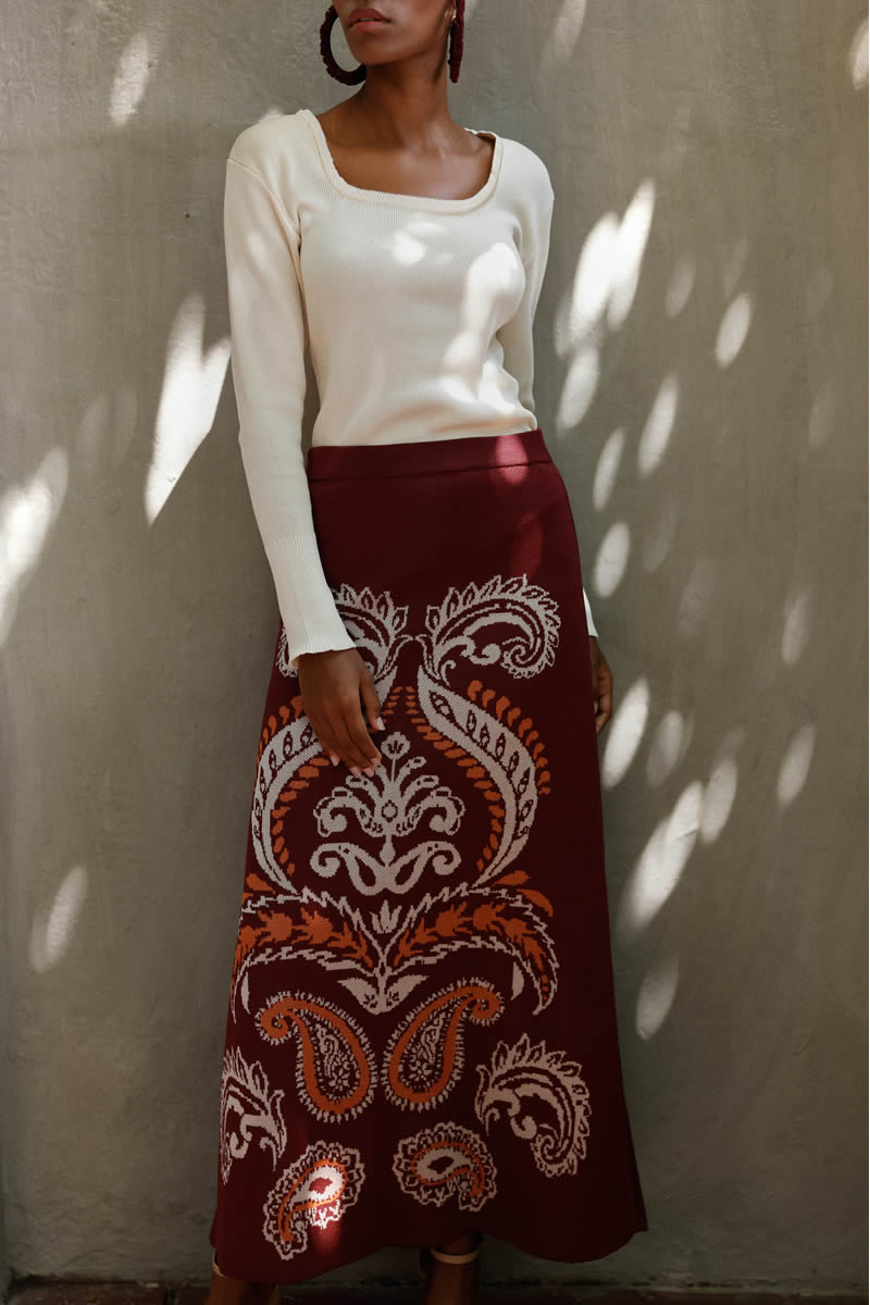 Paisley Vivo Skirt Burgundy/Ivory/Orange
