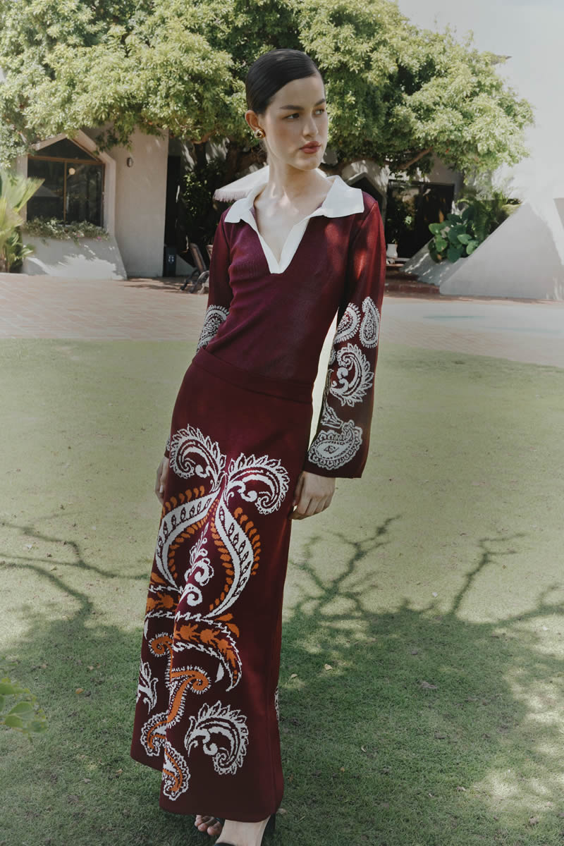 Paisley Vivo Skirt Burgundy/Ivory/Orange