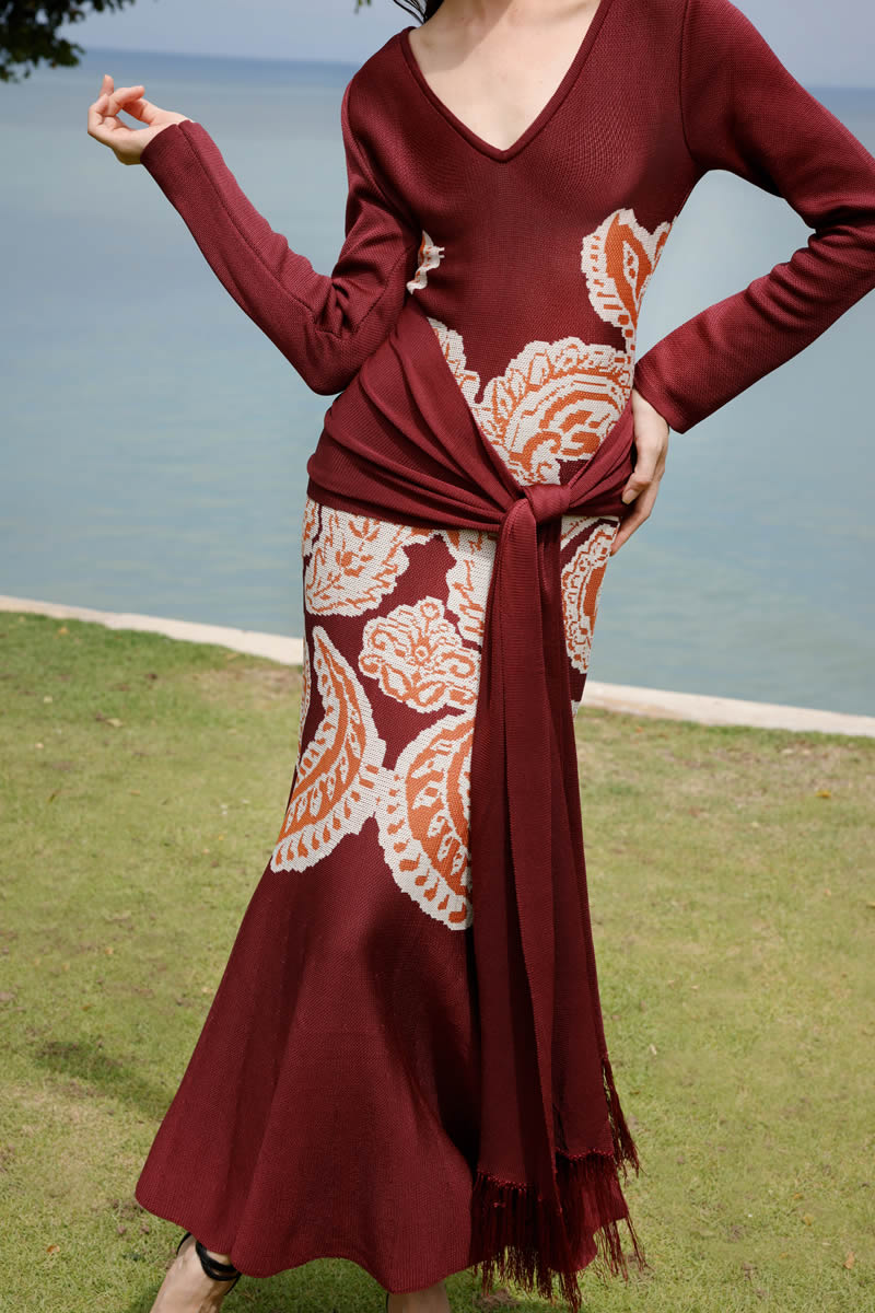 Magnolia Dress Burgundy/Ivory/Orange
