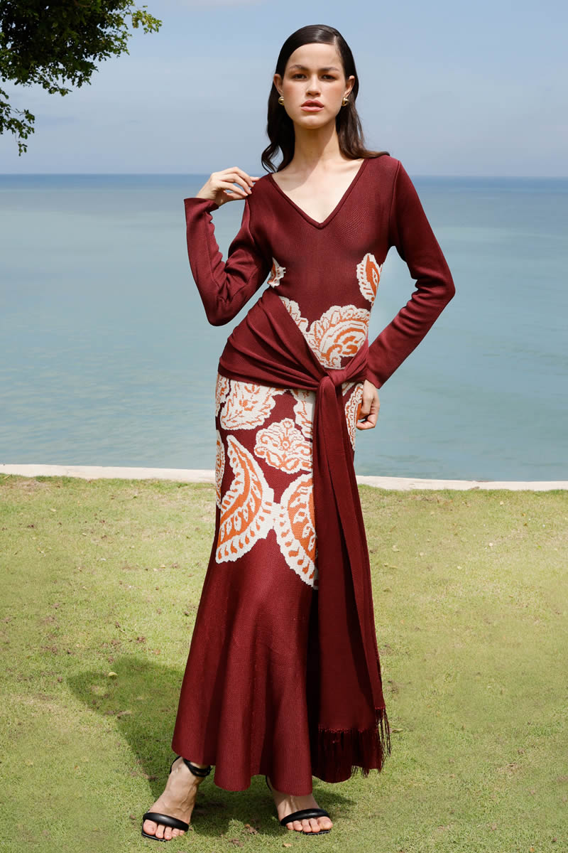 Magnolia Dress Burgundy/Ivory/Orange